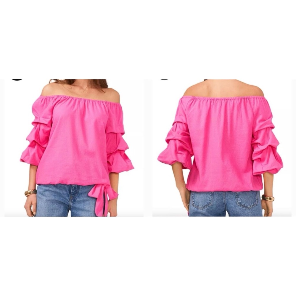 Vince Camuto Linen Off The Shoulder Bubble Sleeve Tie Front Blouse Size XL